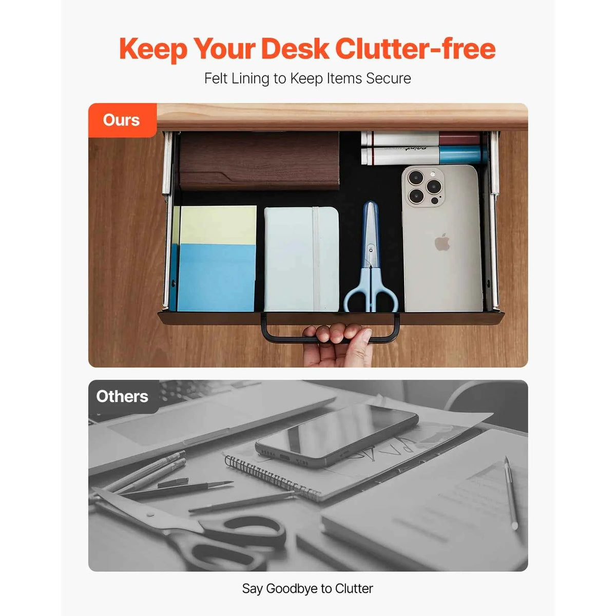 13in/22in Under Desk Drawer, Slide Out Desktop Storage Box Mounted Pullout Undertable Drawer Organizer 