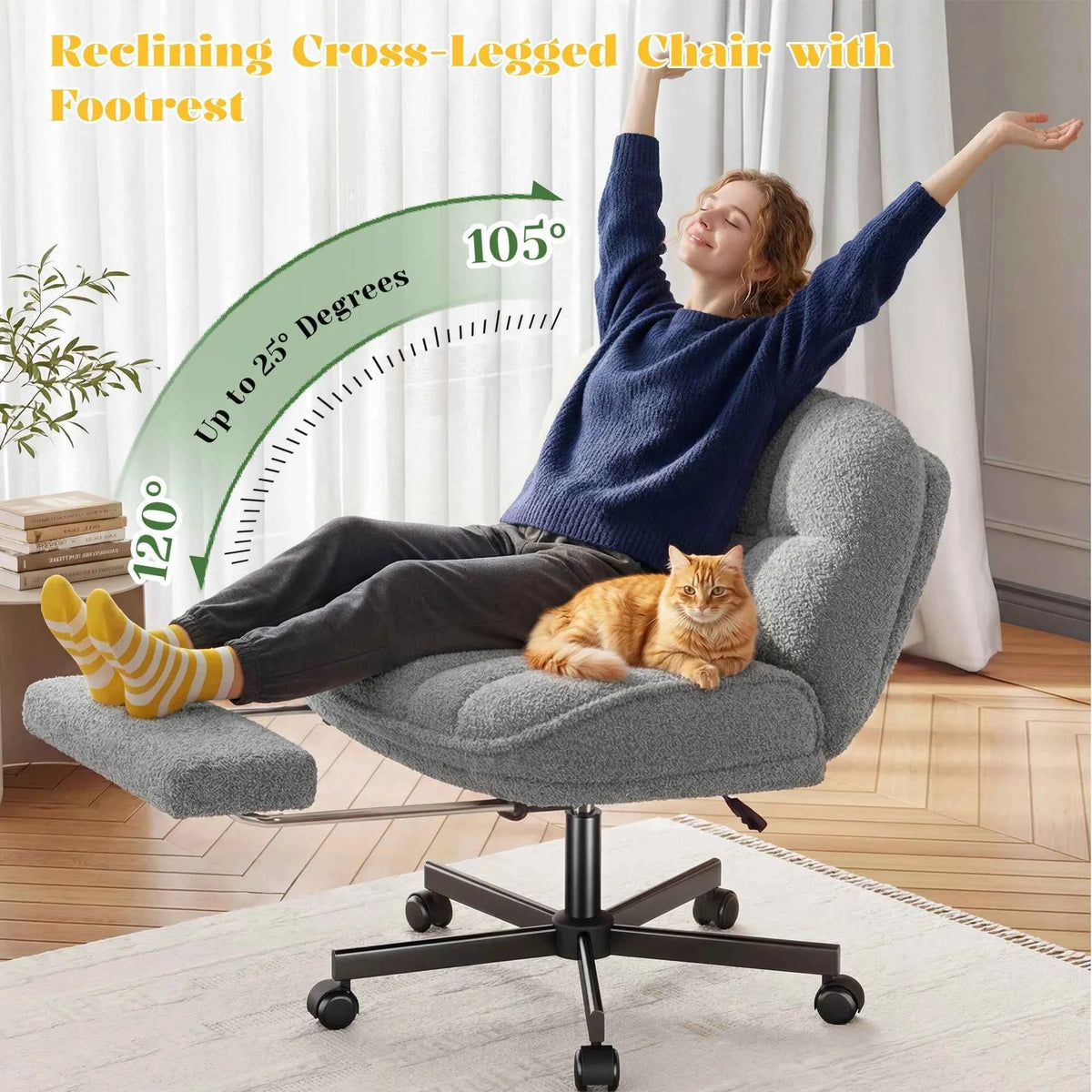 Thick Cushion Leisure Chair, Teddy Plush Cross Chair, Height Adjustable Desk Chair, Rolling Computer Chair with Footrest & Reclining Backrest