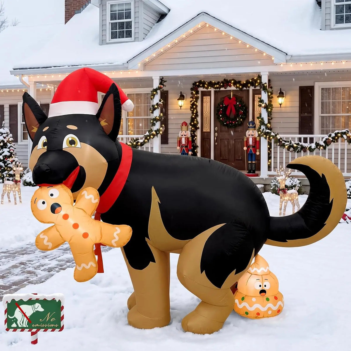 5FT Funny Christmas Inflatable Outdoor Decor, Pooping Dog Blow Up Holding Gingerbread Man with LED Lights, Holiday.