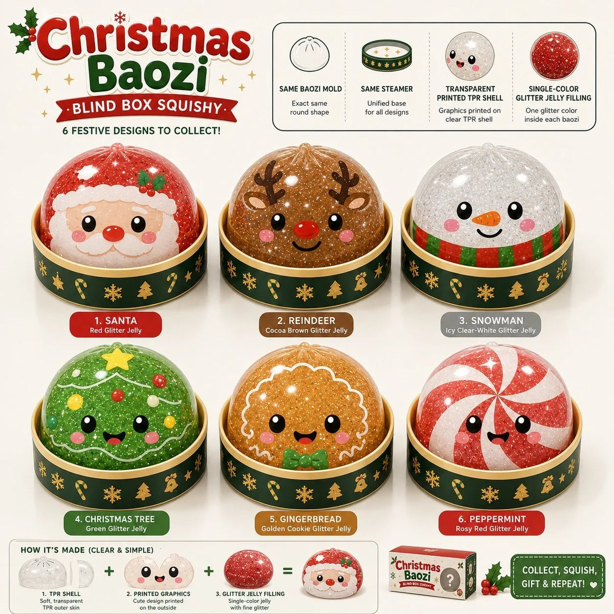 Limited Christmas Dumplings Squishy Glitter Maltose Snowman Set.  Squeeze and  Stress Relief Toys