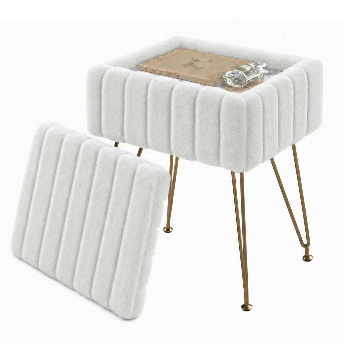 Vanity Stool With Storage, Faux Fur Ottoman With Gold Metal Legs, Soft Padded Makeup Seat Foot, Rest For Bedroom, Living Room