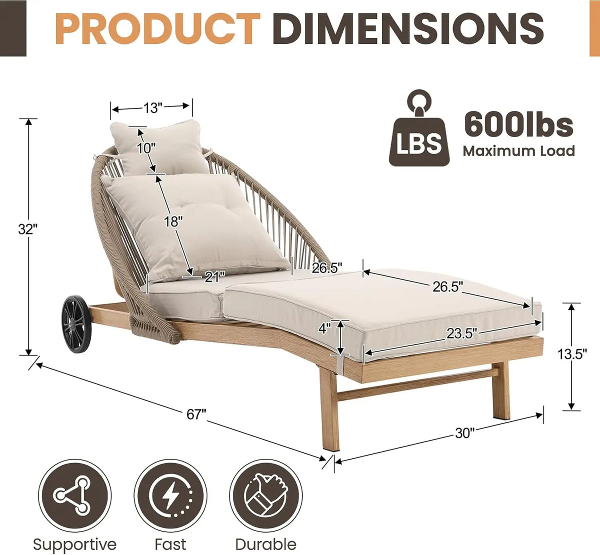 Outdoor Chaise Lounge Chairs, Modern Wicker Patio Furniture.  Lounge Recliner with Wheels, All-Weather Pool Lounger for Sunbathing, Deck, Yard, Khaki