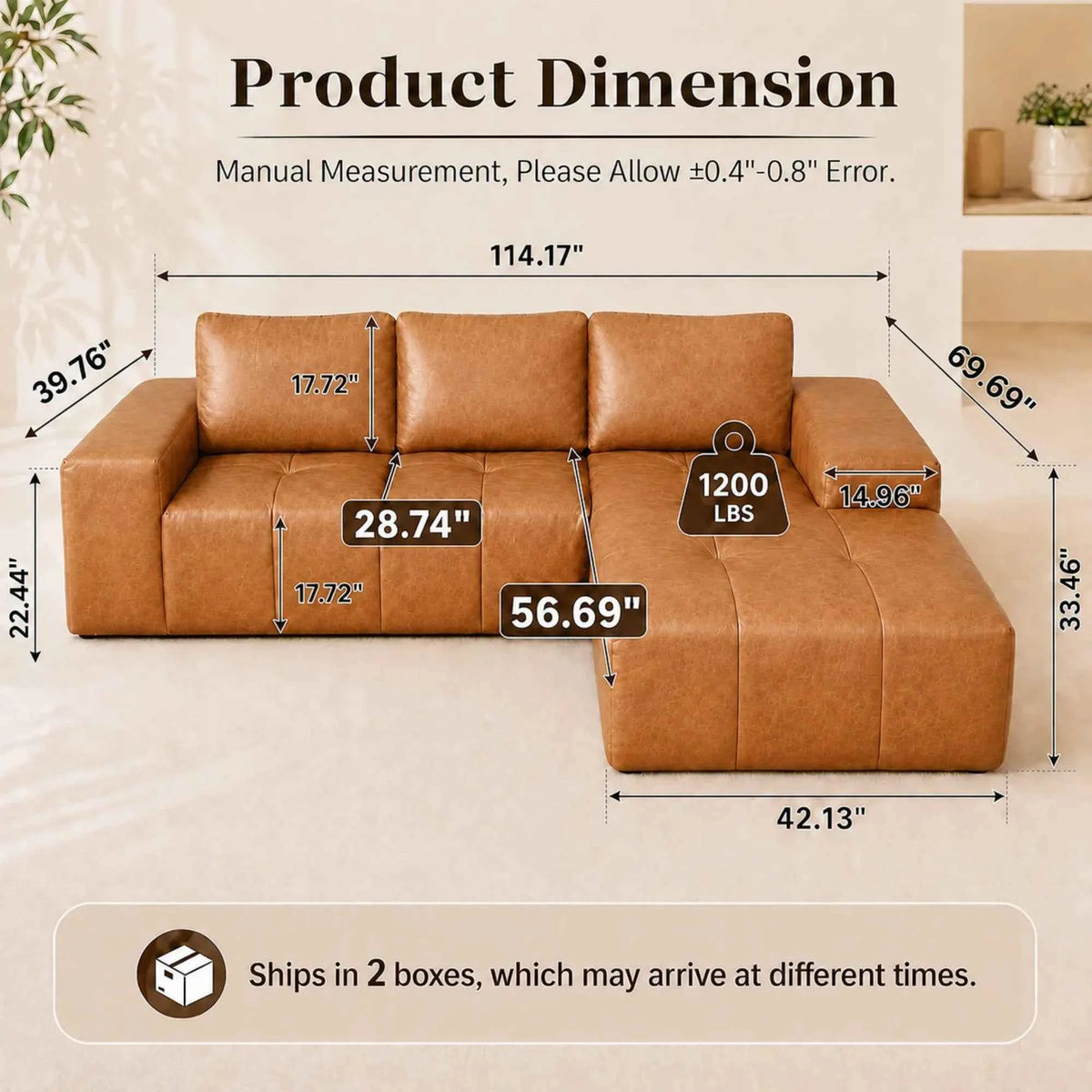 114" Cloud Sectional Sofa with Chaise, L-Shaped Modular Faux Leather Couch, Boneless Deep Seat Sofa. No Assembly Needed. Brown