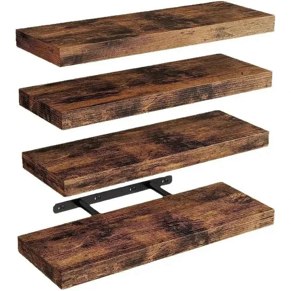 Rustic Brown Farmhouse Floating Wall Mounted Shelves. 4 Pack 15.8 Inch  Shelves. Set With Invisible Brackets for Heavy Duty Storage.
