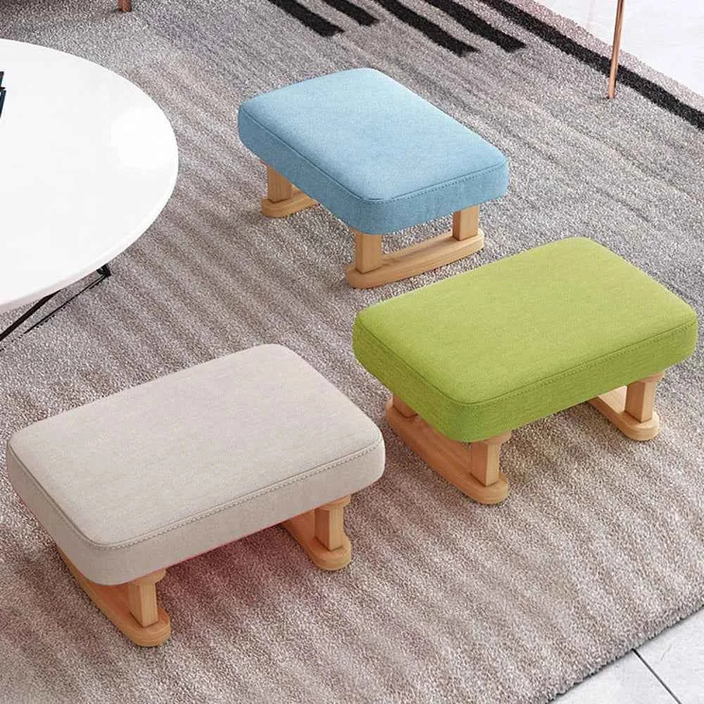Solid Wood Rocking Footstool with Linen Upholstered Padded Ottoman. Portable.  Small Shoe Changing Bench. Low Foot Rest Stool.