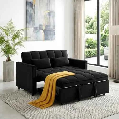 3 in 1 Convertible Sleeper Sofa Bed, 54'' Full Size Velvet Pull Out Futon Couch. With Reclining Backrest & 2 Pillows