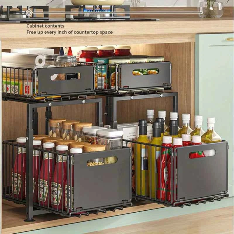 2 Tier Slide Out Cabinet Organizer Heavy Duty, Adjustable Metal Shelf 1/2 Pack