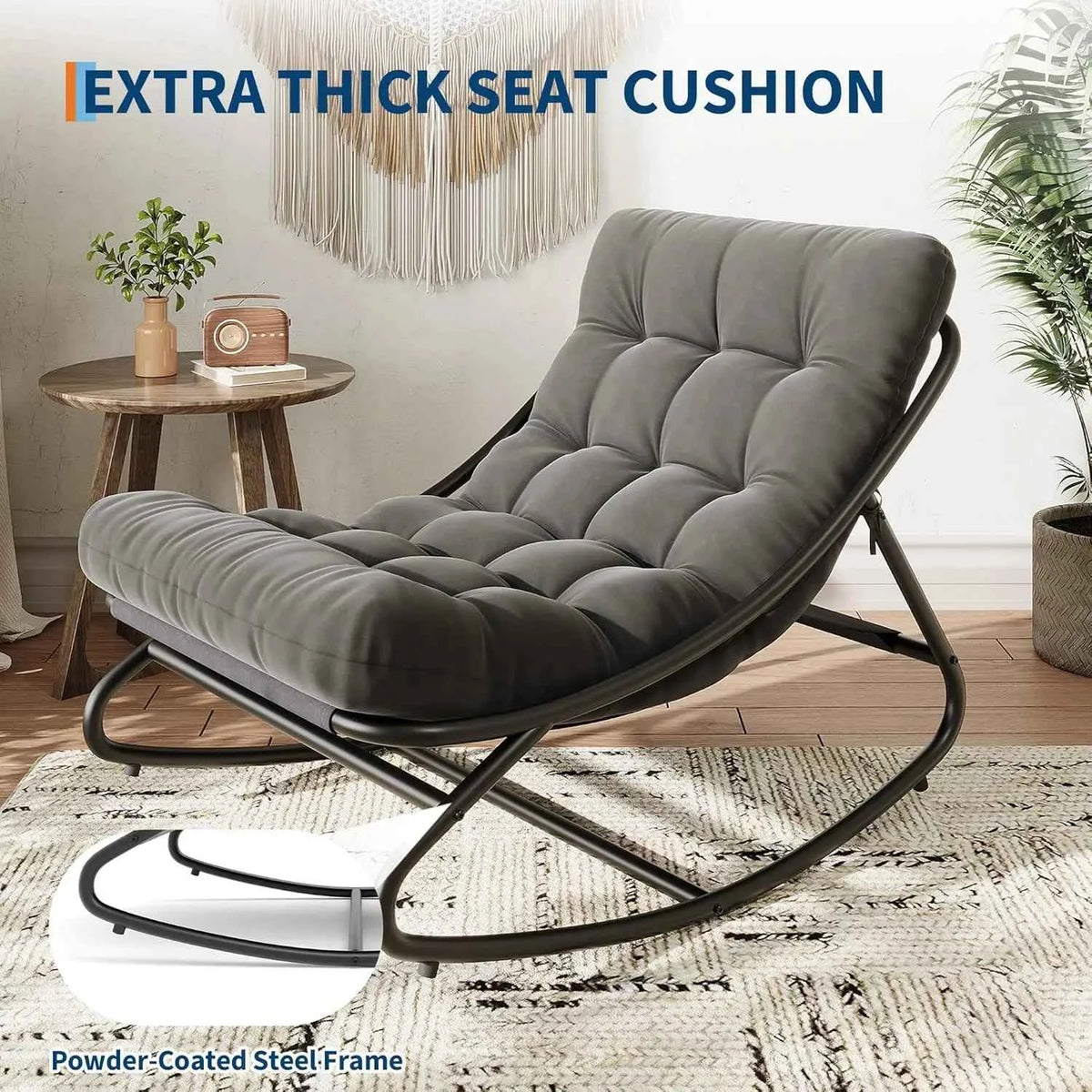 Papasan Rocking Chair Outdoor - Comfy Rocking Chair with Metal Frame, Adjustable Papasan Chair with Waterproof Cushion, 400lbs Capacity for Patio Porch Garden