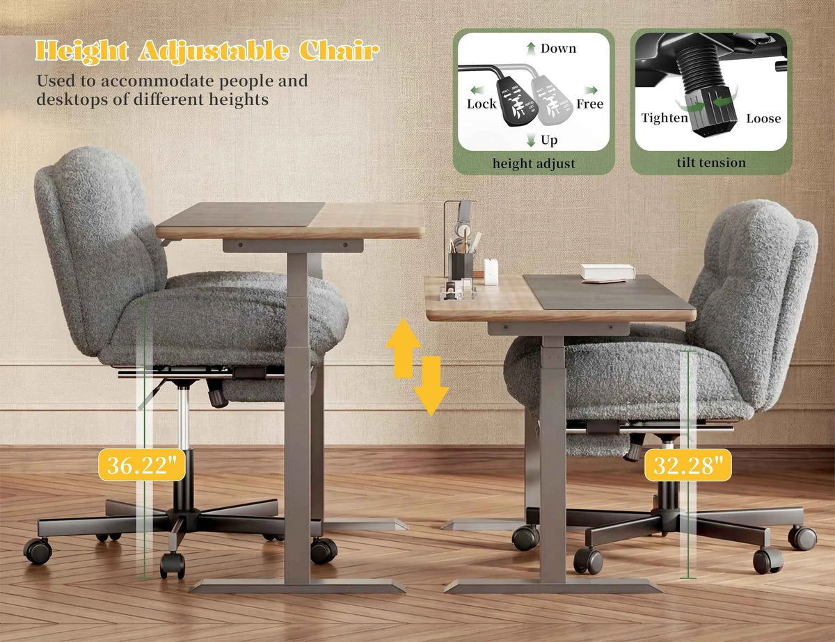 Thick Cushion Leisure Chair, Teddy Plush Cross Chair, Height Adjustable Desk Chair, Rolling Computer Chair with Footrest & Reclining Backrest