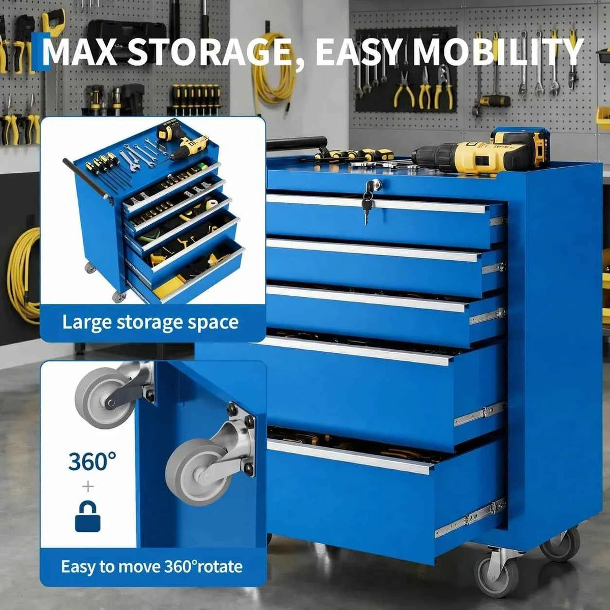 5 Drawer Rolling Tool Chest with Locking Tool Cabinet Cart, Portable Metal Tool Storage Organizer.