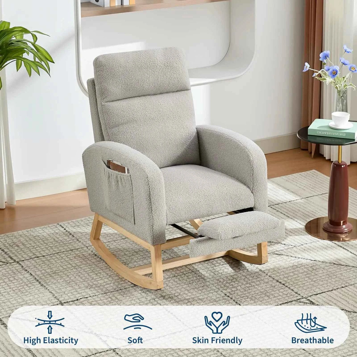 Modern Nursery Rocking Chair, Teddy Upholstered Rocking Chair with Footrest, & with Side Pocket, Rocker Glider for Living Room, Bedroom, Nursing Room