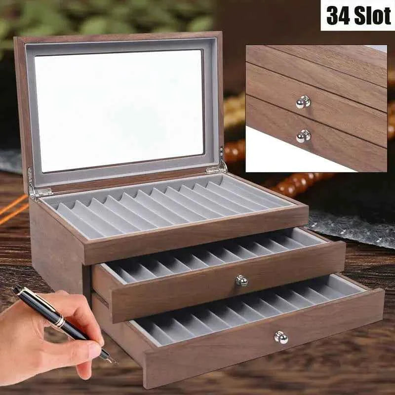 Pen Storage Case 34 Slots Walnut Wood Cabinet With Drawer Student Stationery Pen Display Show  Gift Case