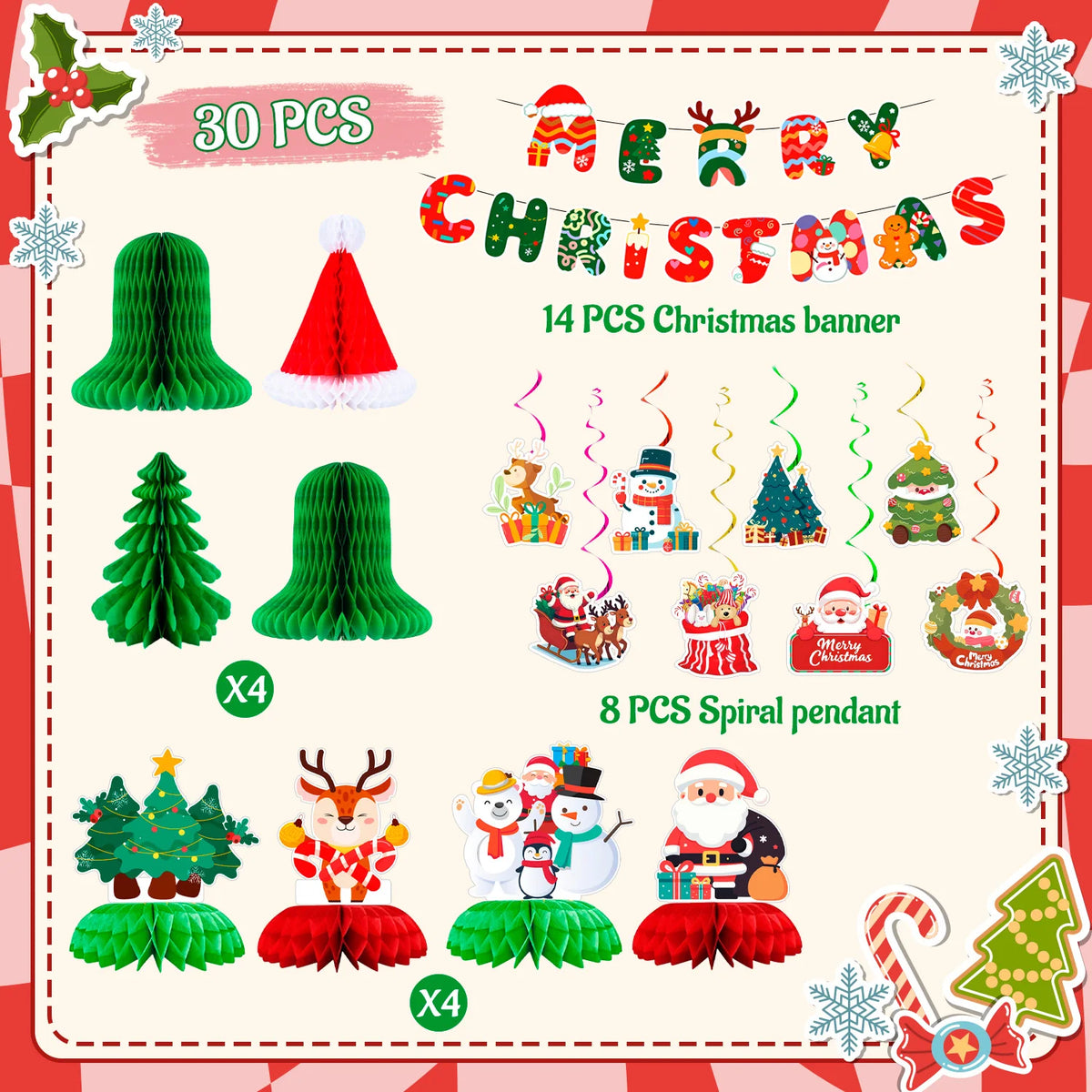 30 Pcs Christmas Party Decorations - Merry Christmas Banner & Christmas Honeycomb Decorations/Christmas Table Centerpieces & Christmas Hanging Swirls for Xmas Party Decorations