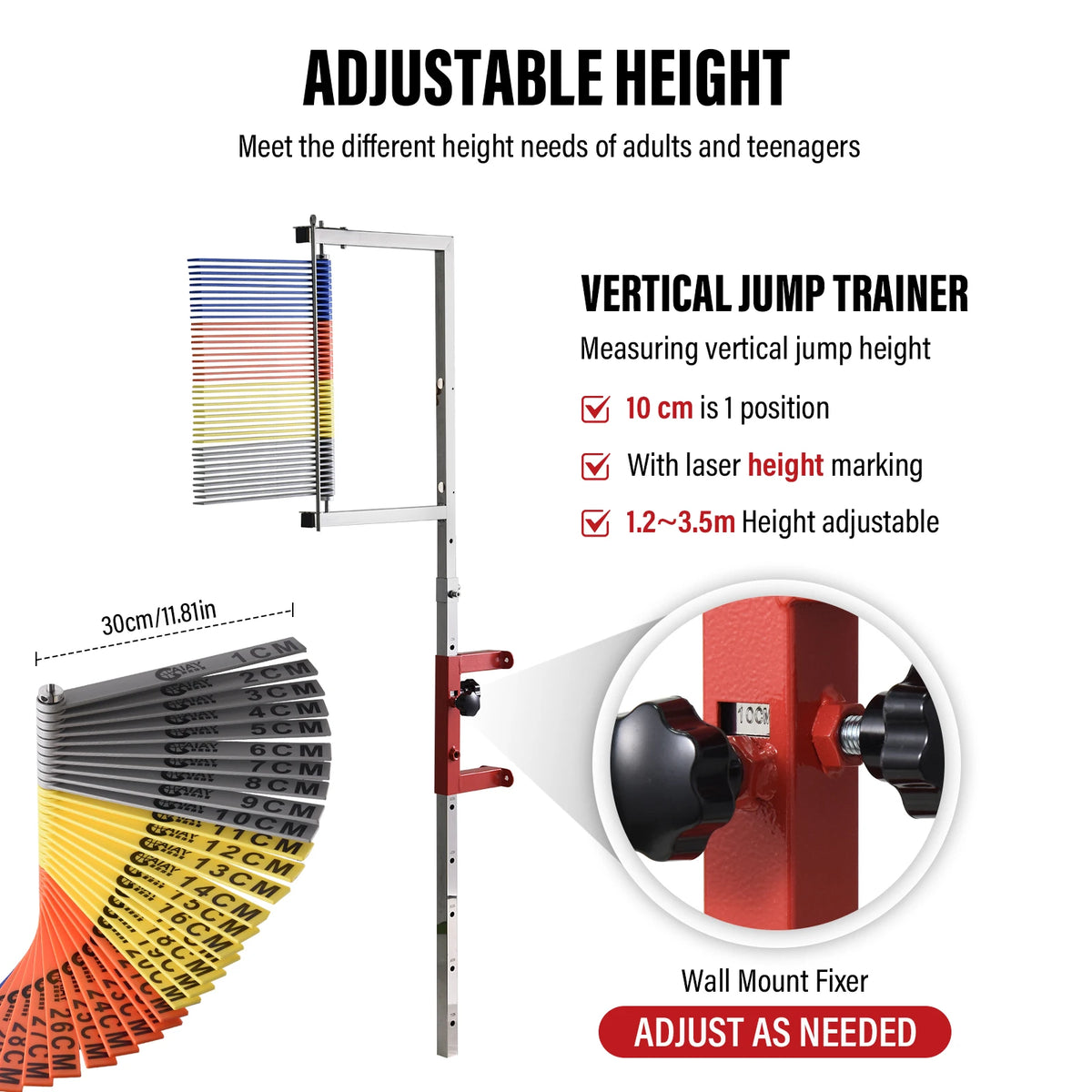 Vertical Jump Trainer Wall Mounted Vertical Challenger. Adjustable 4.5-5.2Ft for Basketball & Volleyball. Vertical Jump Tester for Kids, Adults. Can Be Reset with One Click