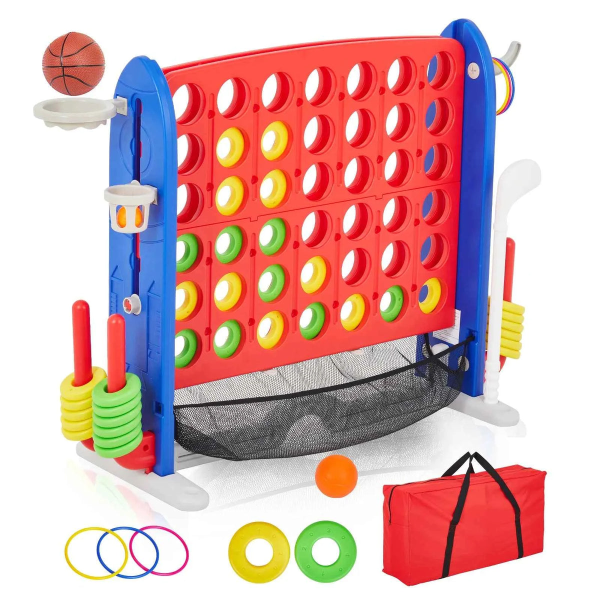 4-in-1 Giant Connect Game Set, Adjustable Height, Basketball Hoop, Ring Toss and Net Jumbo Outdoor Yard Game for Families Events