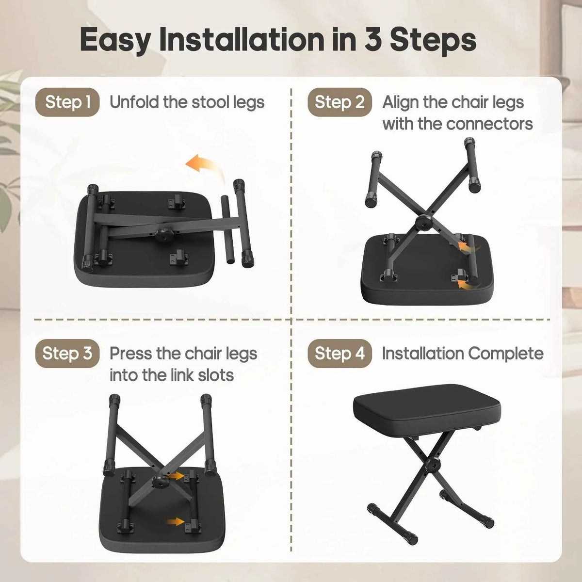 JHK X-shaped Adjustable Padded Folding Chairs for Living Room. Sturdy Metal Collapsible Piano, Guitar Stool with 2.56 Inch Thickness High-Density Sponge and 3-Position Height