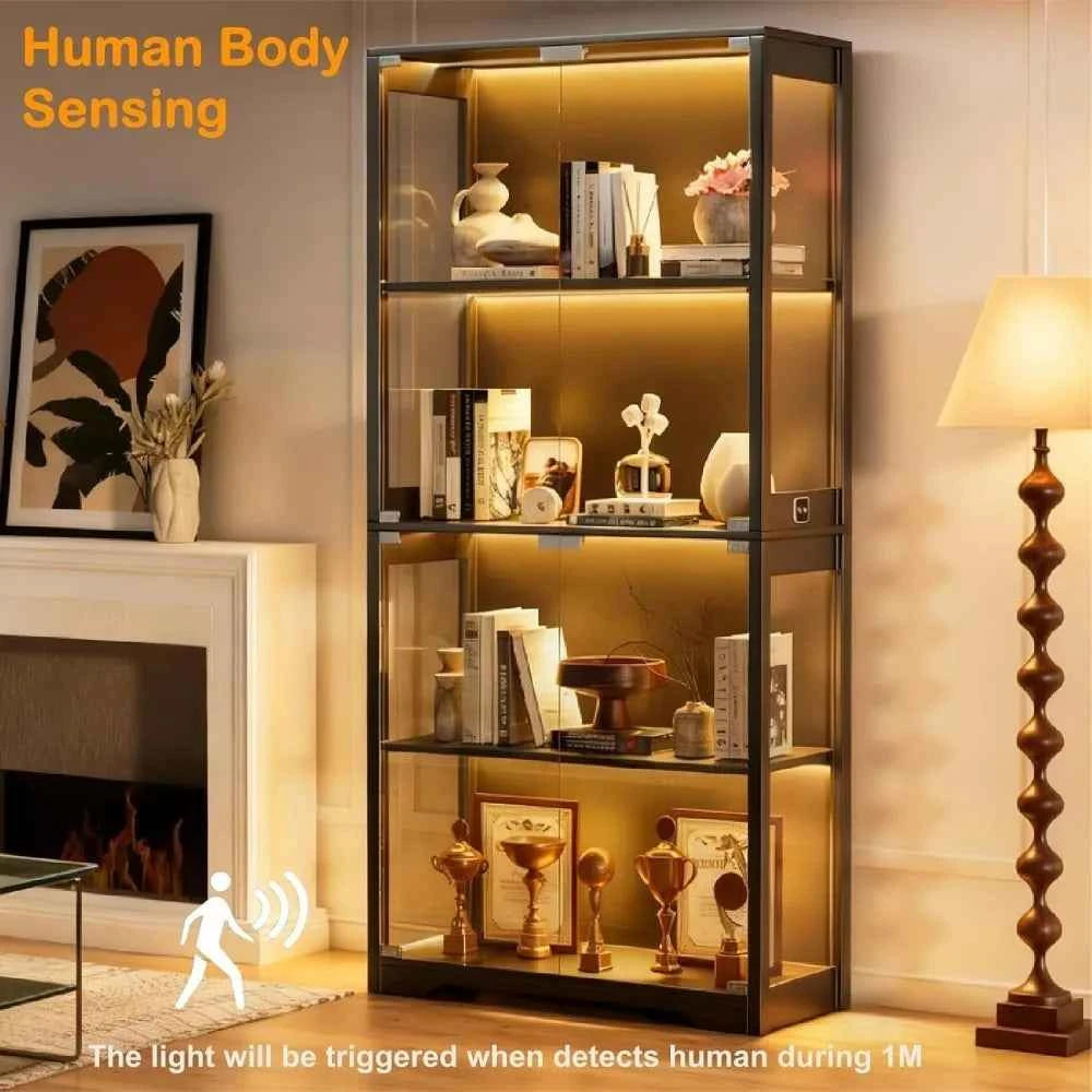Display Cabinet with Glass Doors, Curio Cabinet with 3 LED Lights and Human Body Sensor, Bookcase with 4 Shelves, Customized