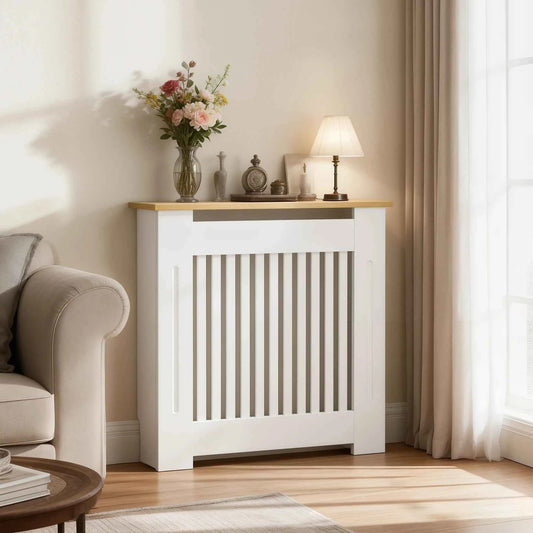 Modern Radiator Cover.  Decorative Heater Protector. Wall Vertical Slat Grill Shelf with MDF Wood Top