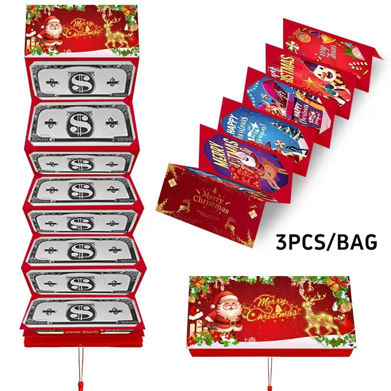 Red/ Green / Blue,  3PCS per pack, Christmas cash bags or creative gift Christmas cards, creative gift with tassels, a gift that can hold 10 bills for games and lucky draws, suitable for parties, creative Christmas gifts