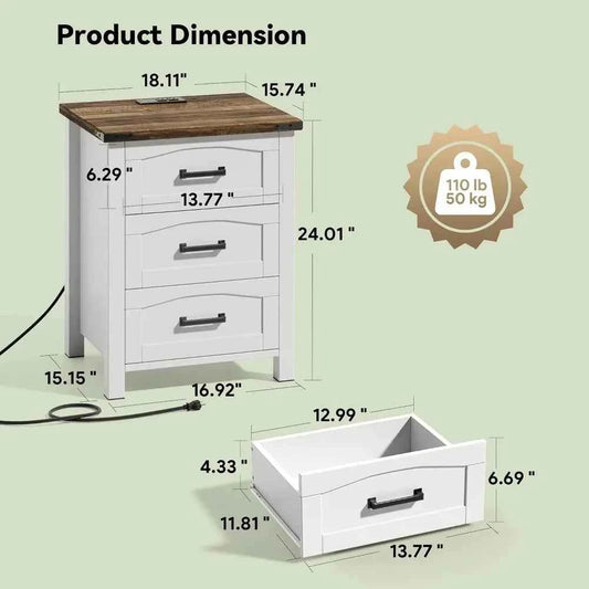 Farmhouse Nightstand Set of 2 with Charging Station,  Wood Bedside Table, Customized