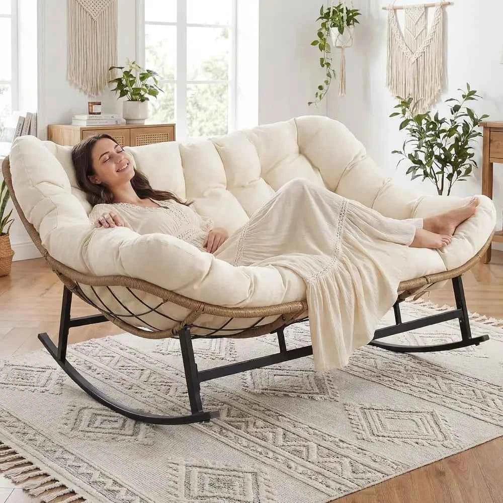 Oversized Double Rocking Papasan Chair with Thick Cushion, 2 Person Big Wicker Outdoor Comy Recliner, Extra Large Heavy Duty Egg
