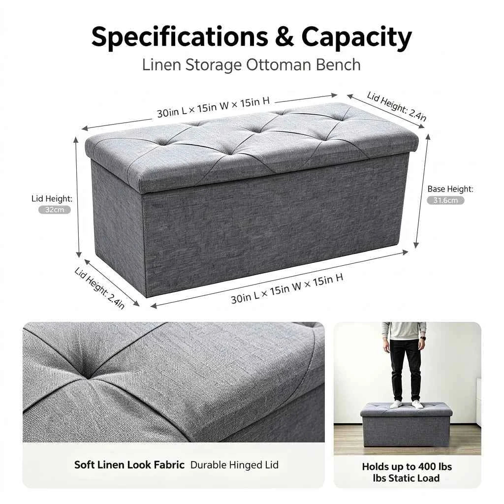 Folding Storage Ottoman Bench and Cube, Gray Tufted Fabric. Storage Chest Footrest Seat with 400 lb Capacity for Bedroom Entryway Living Room, Multiple Sizes
