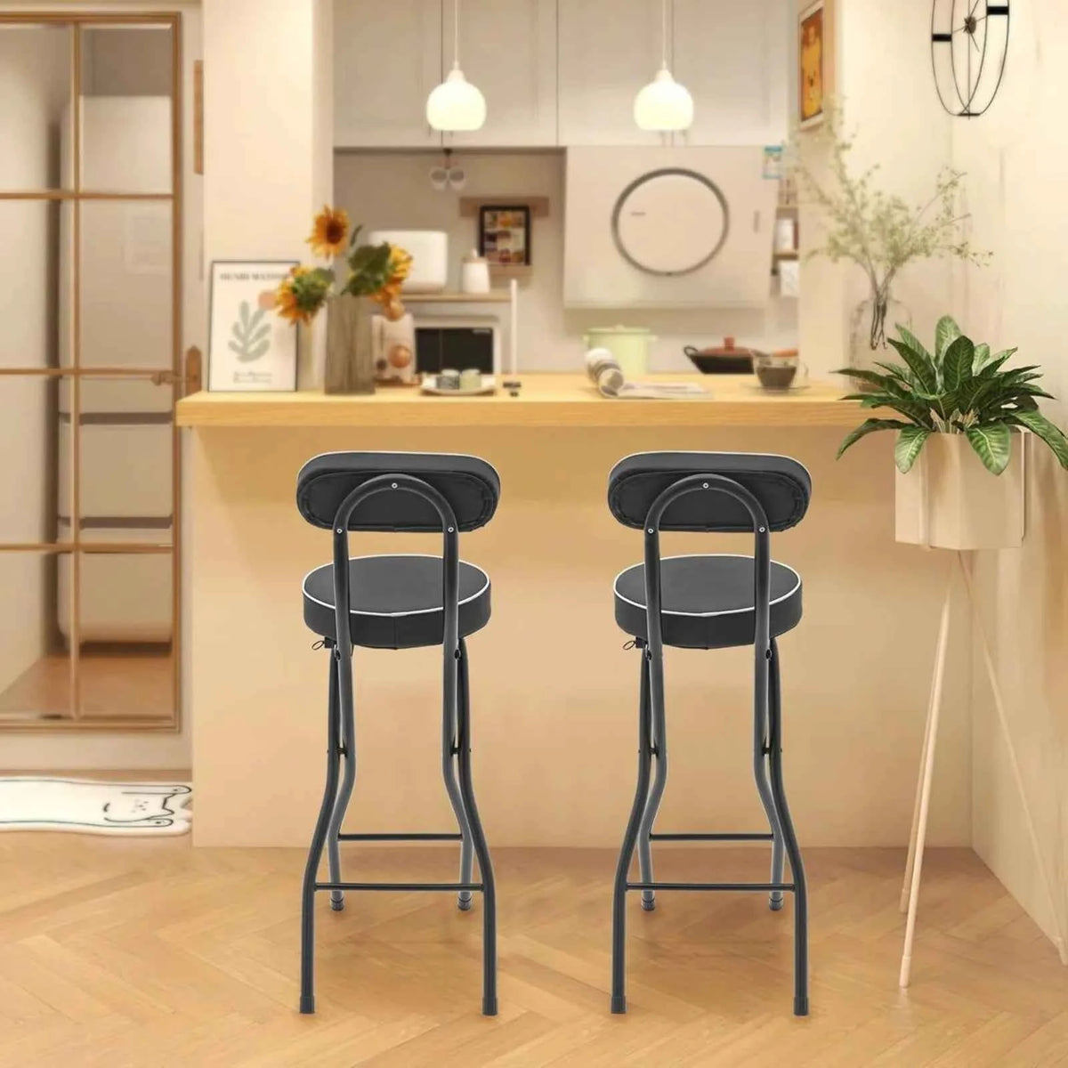 2Pcs Counter Height Folding Bar Stools Chair W/Back, 27.56in Seat Height,  Black