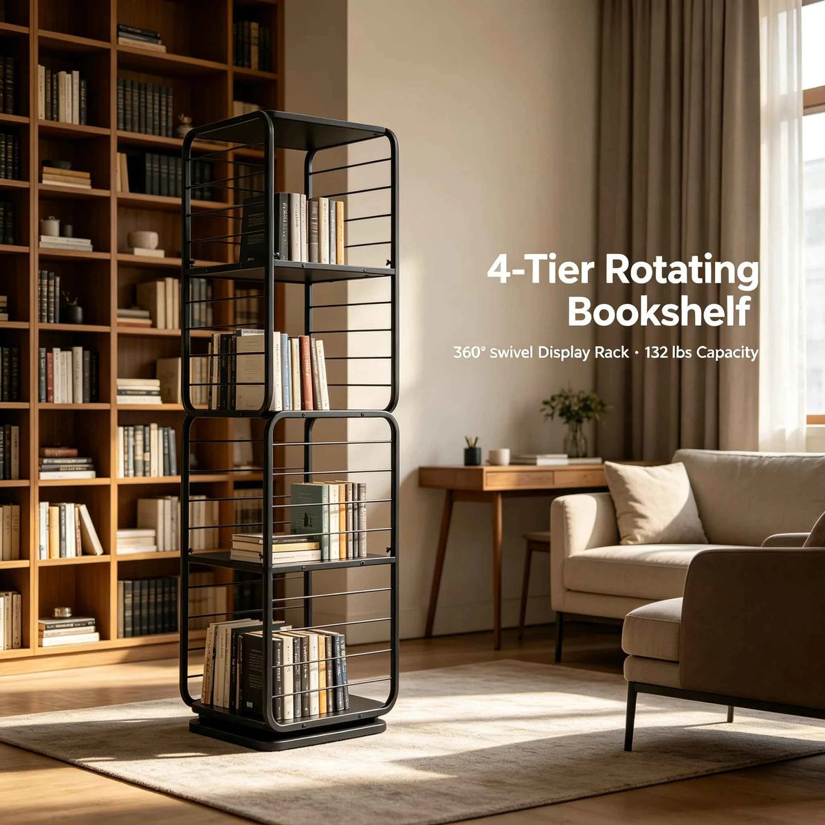 4-Shelf Steel Rotating Bookcase with 132 lbs. Capacity. 360° Swivel Display Rack,  Freestanding Storage Organizer.  Black