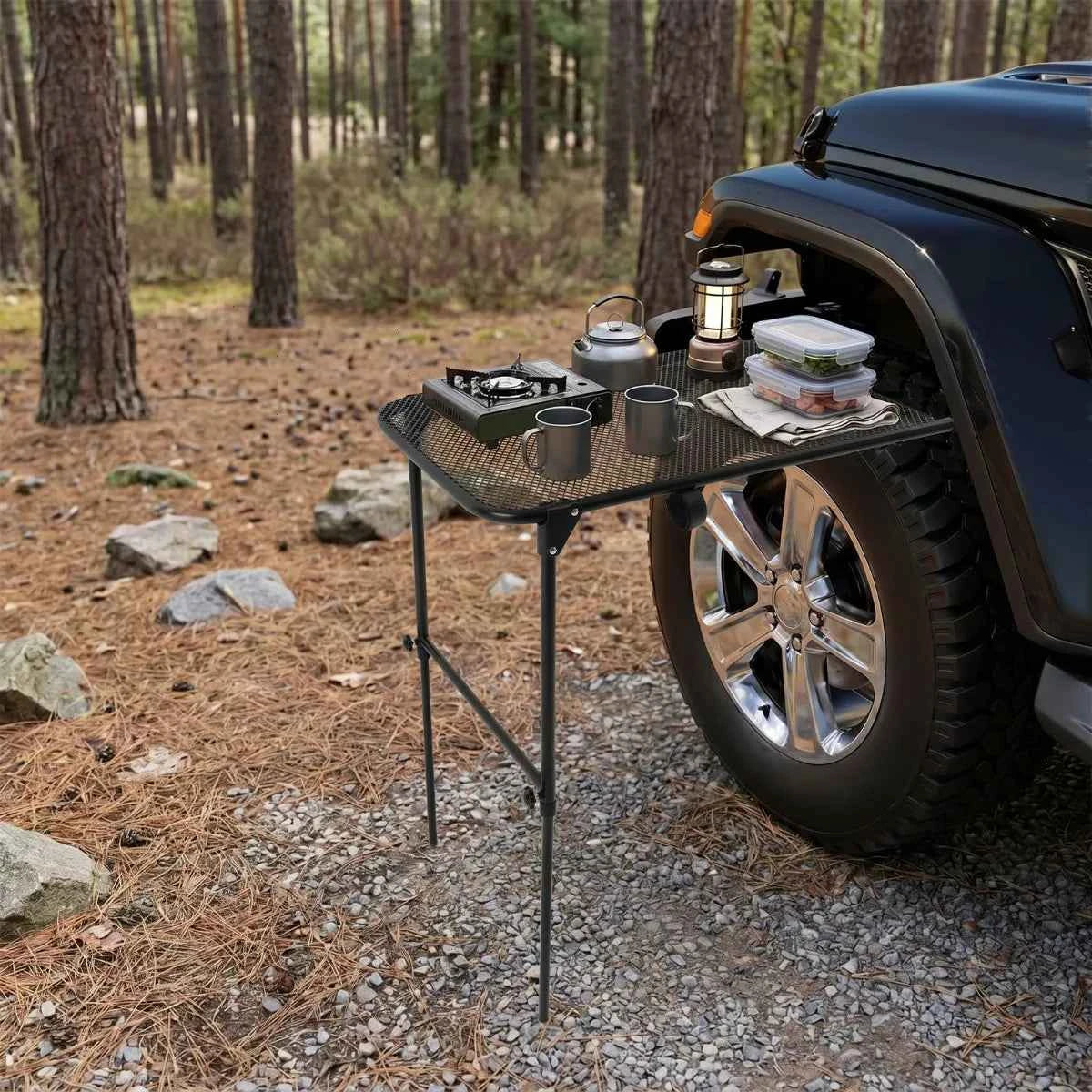 Tire Table Camping, Steel Adjustable Folding Trunk Desk, Vehicle Mounted Outdoor Picnic Table, Portable BBQ Cooking Table, No Tools, for Road Trip, Tailgating, Car Camping, Travel