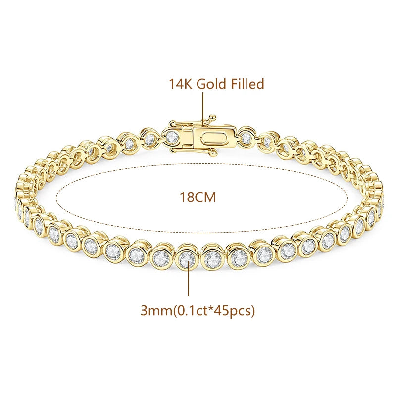 OXTAO Bezel Set Moissanite Tennis Bracelet, 14K Gold Filled D Color VVS1 Round Cut Imitation Diamond Bracelet, Gifts for Women