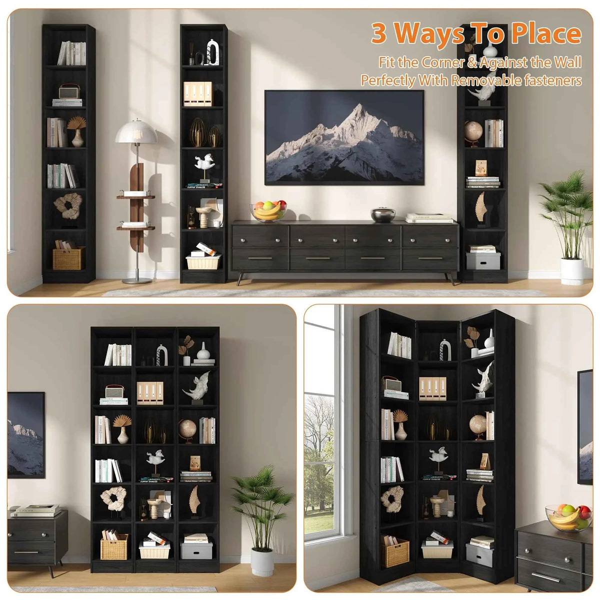 6-Tier Corner Bookshelf, 3-In-1 Tall Narrow Bookcase With 18 Open Cube Shelves.