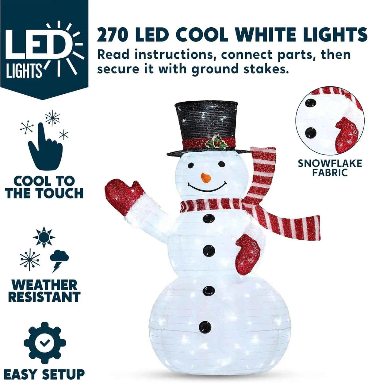 JOYFY 3 Pc 3D Christmas Collapsible Snowman Yard Light. 270 PreLit LED Cool White Light for Christmas, Indoor or Outdoor Garden Décor