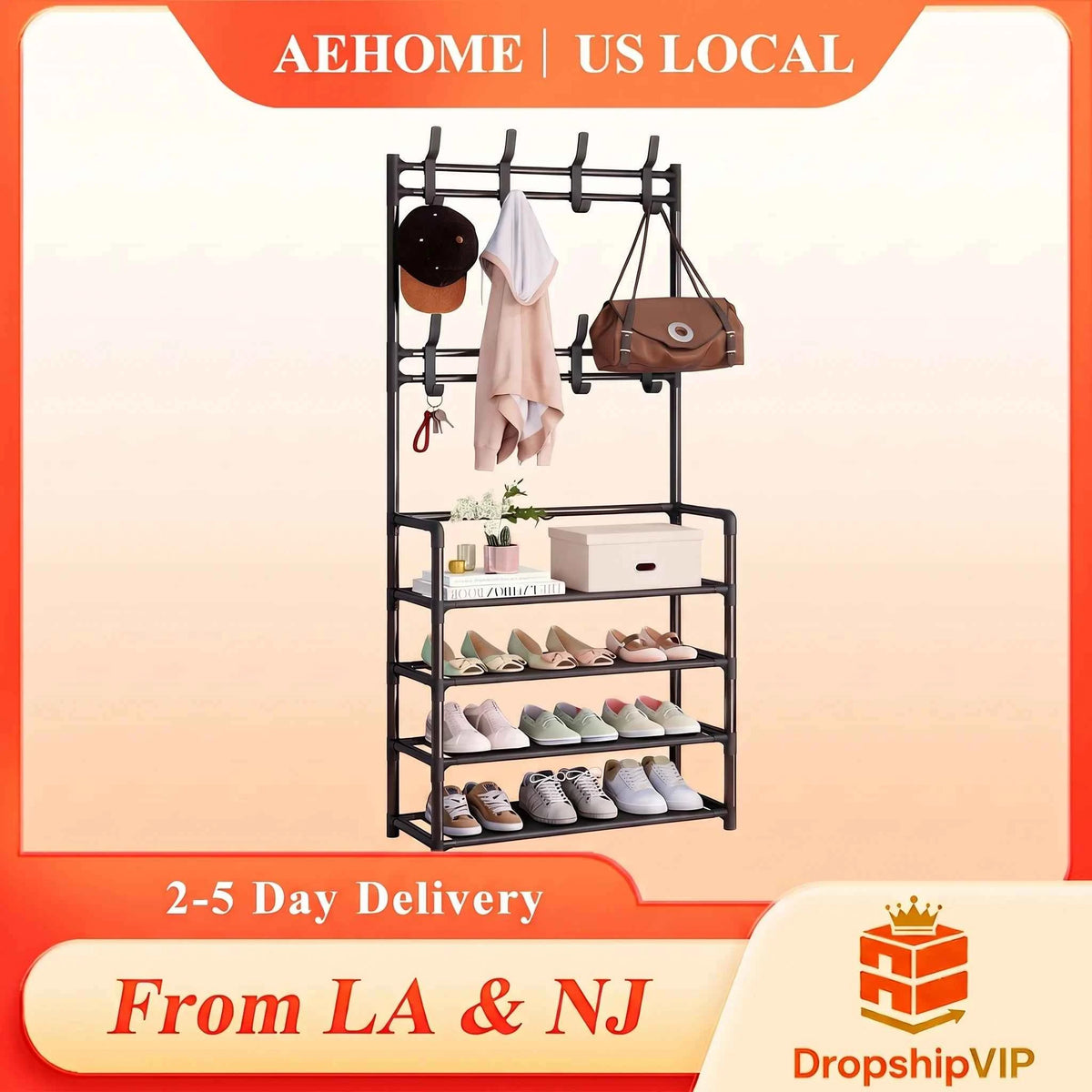 5-Tier 3-in-1 Multifunctional Metal Rack. Floor-Standing Garment Organizer. Sturdy Vertical Storage Shelf
