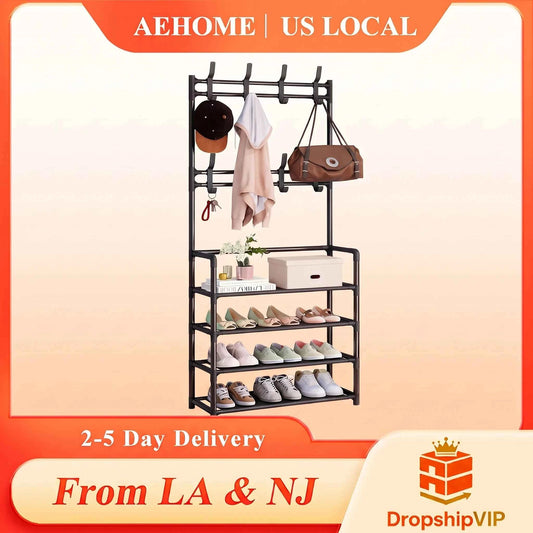 5-Tier 3-in-1 Multifunctional Metal Rack. Floor-Standing Garment Organizer. Sturdy Vertical Storage Shelf