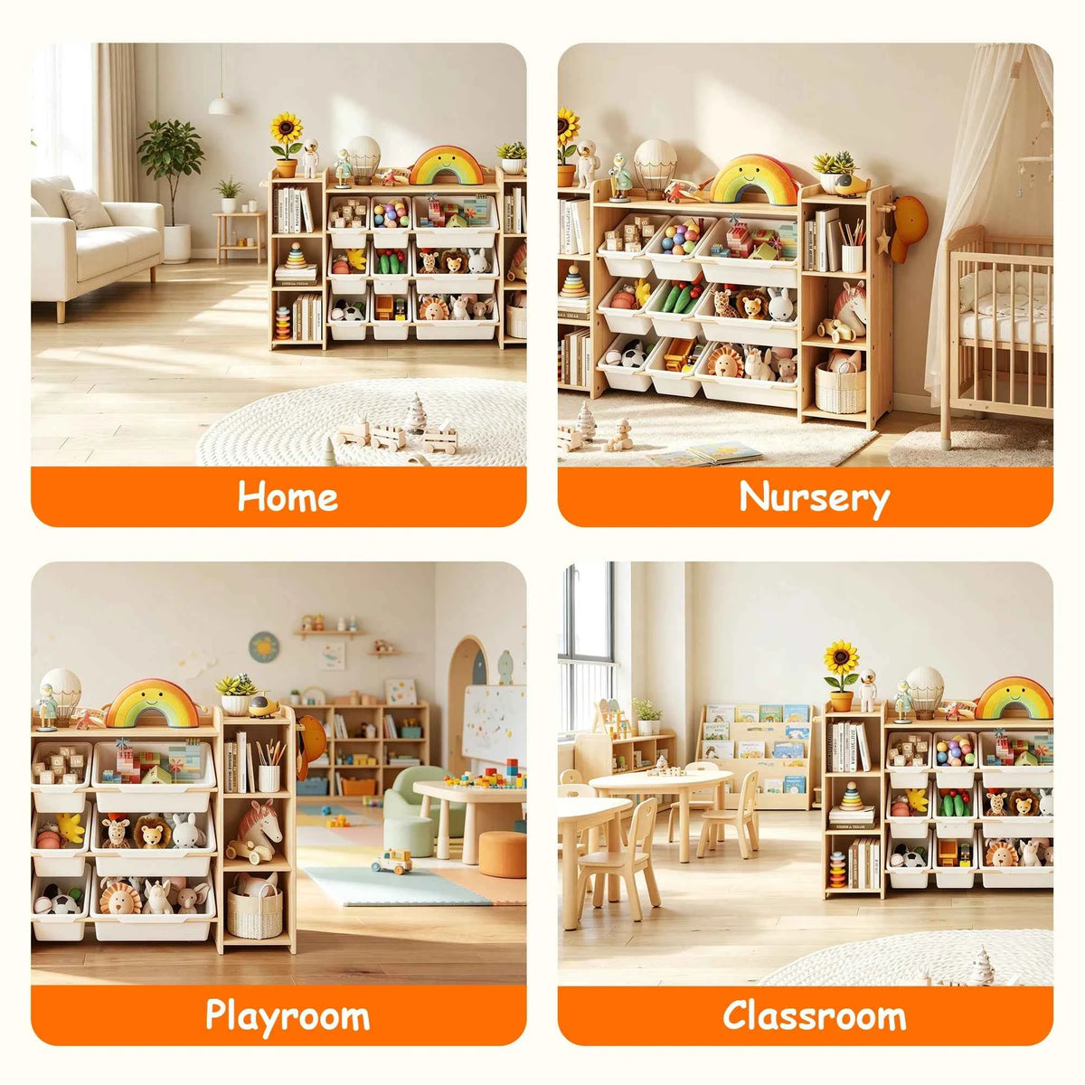 White Bookshelf and Toy Storage Organizer with 6 Shelves, 9 Bins, & 6 Hooks,