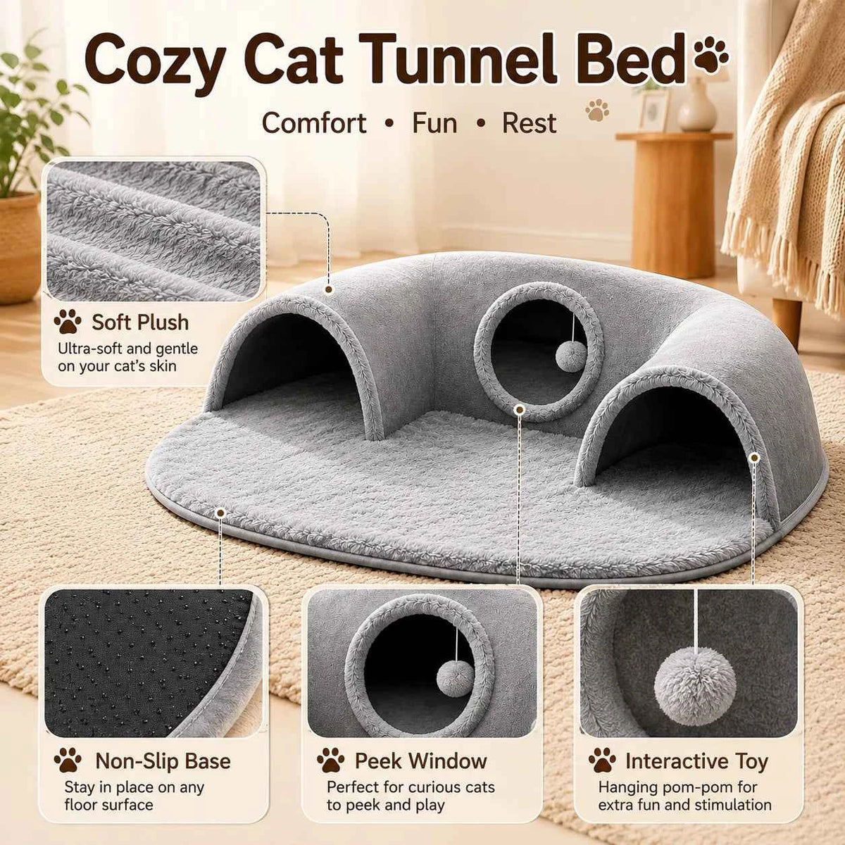 Multifunctional U-shaped Cat Tunnel Bed—A Detachable, Washable Plush material; .