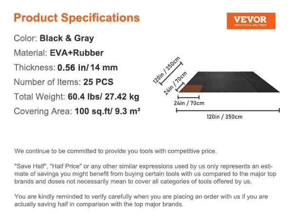 SucceBuy 25/12/6 PCS 1/2 inch Thick Gym Floor Mats. EVA Foam Rubber Top. Interlocking Workout Floor Mats. Waterproof