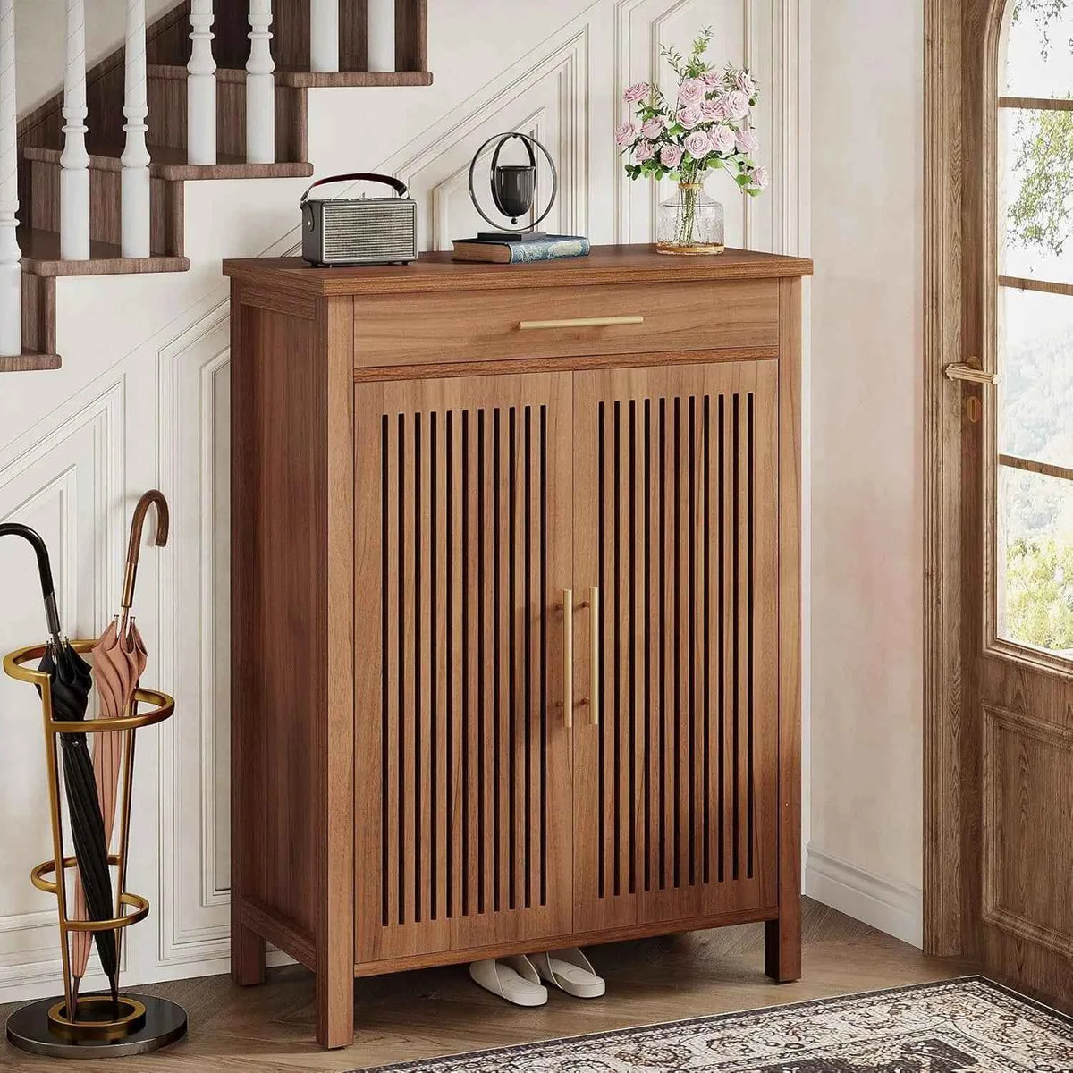 5-Tier Freestanding Shoe Cabinet.  Wooden Shoe Storage Organizer with Louvered Doors And Drawer. Customizable