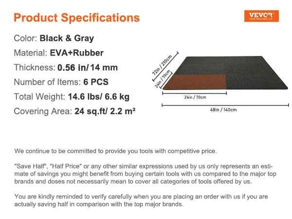 SucceBuy 25/12/6 PCS 1/2 inch Thick Gym Floor Mats. EVA Foam Rubber Top. Interlocking Workout Floor Mats. Waterproof