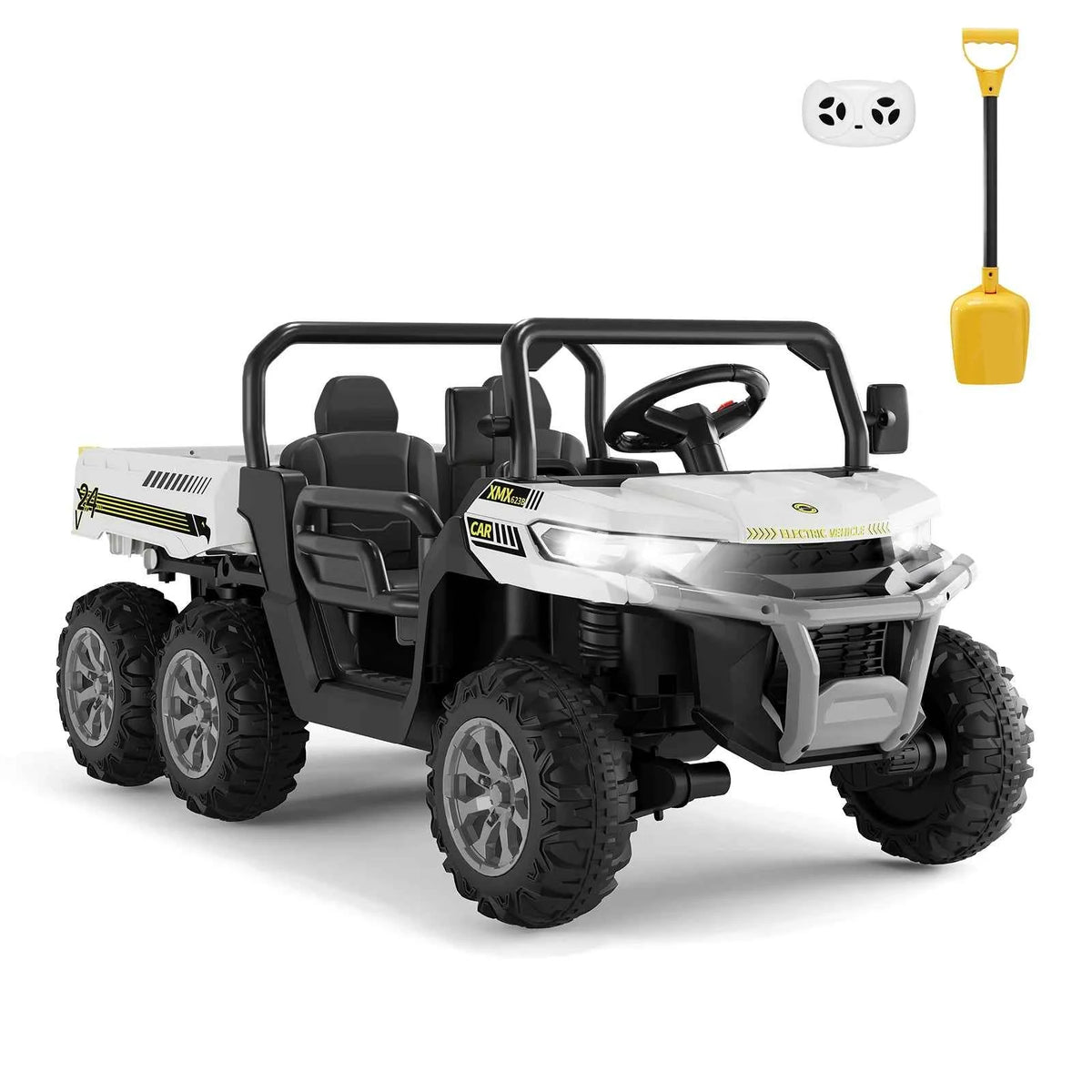 24V Kids Electric Ride Dump Truck, a 2 Seater 4WD with 6 Wheels. Parent Remote Control with 3 speeds. With Dump Bed, Bluetooth for Music, LED Lights, 2 Speeds