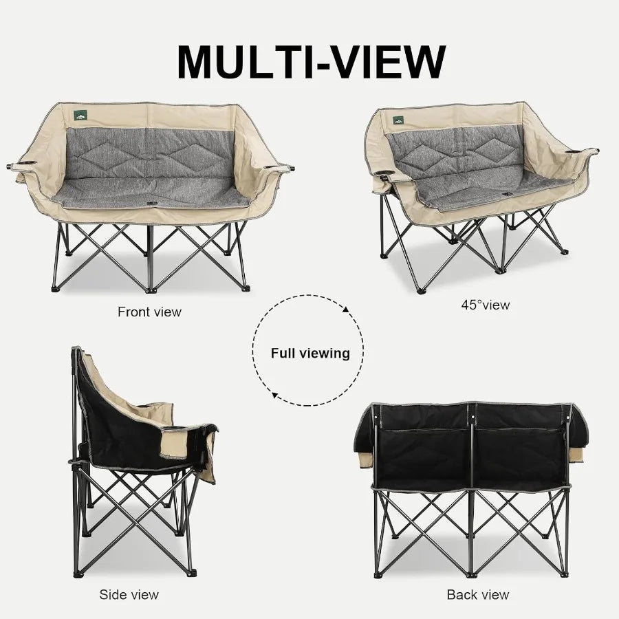 Folding Loveseat Camping Chair. Portable Double Duo Full Padded Garden Chair for 2 Person Sofa with 2 Cup Holders and Wine Glass