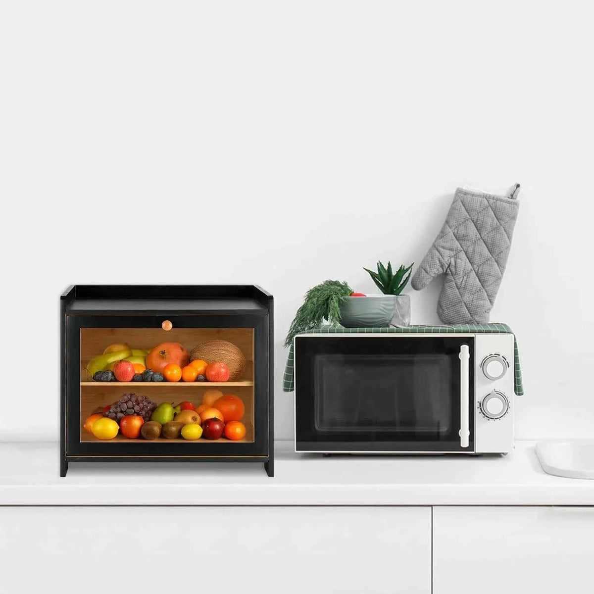 2 Layer Large Capacity Bamboo Bread Box with Tempered Glass Window, Farmhouse Kitchen Countertop Storage Container .
