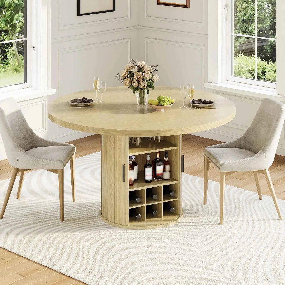 47 Inch Round Dining Table For 4-6 With Hidden Storage, 6 Bottle Wine Rack & Glass Holder, Kitchen Table For Home Dining