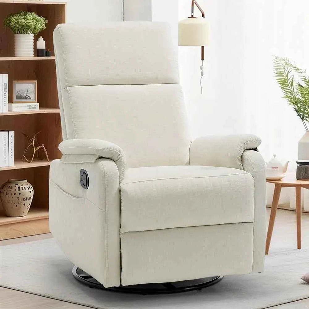 Beige Chenille Swivel Rocking Recliner Chair for Adults and Small Nursery Rooms