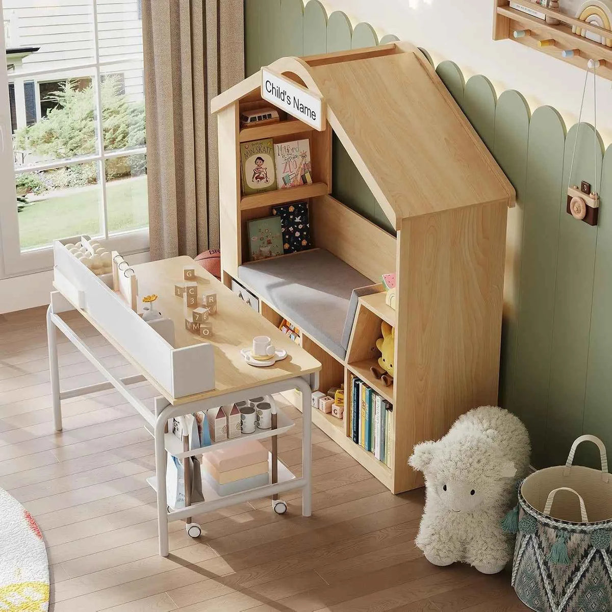 Kids Bookshelf with Reading Nook, Toy Storage Organizer