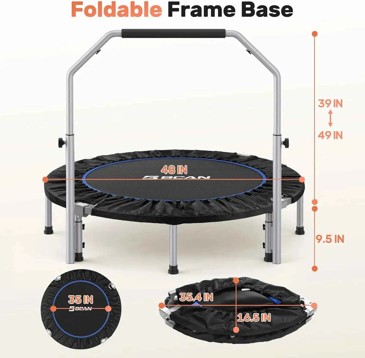 40/48“ Foldable Mini Trampoline with Adjustable Foam Handle. Fitness Rebounder for Adults Max Load 440 Lbs