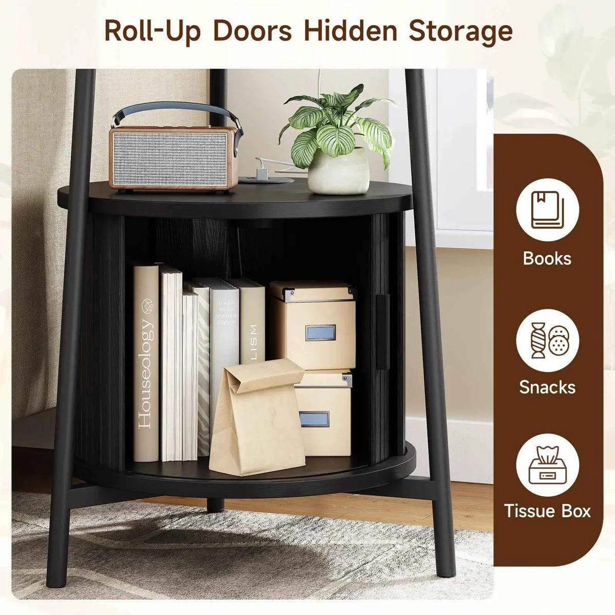 Black Small Round Side Table with Storage, Fluted Nightstand with Charging Station, Modern Bedside Tables, End Tables