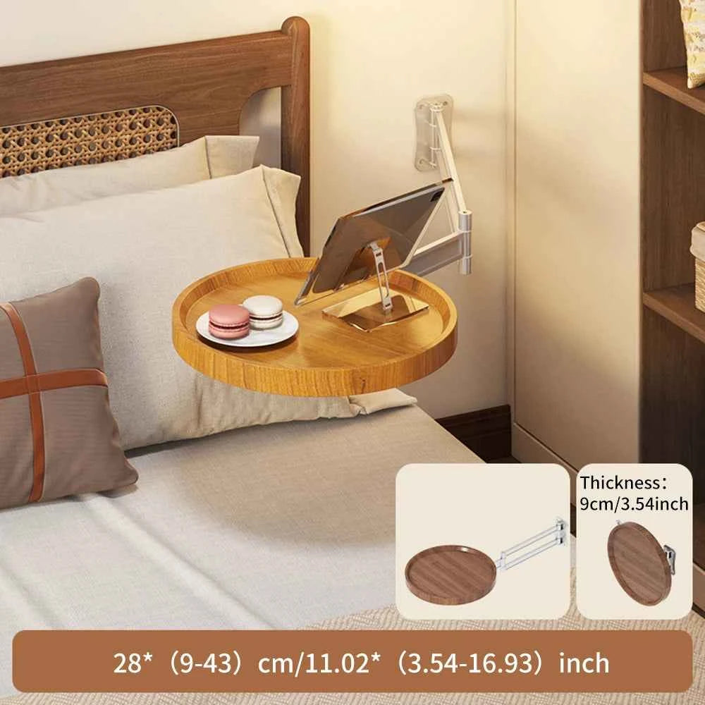 Adjustable Foldable Wall Mounted Round Wooden Side Table. Rotatable Swing Arm. Space Saving Fold Down Wall Shelf