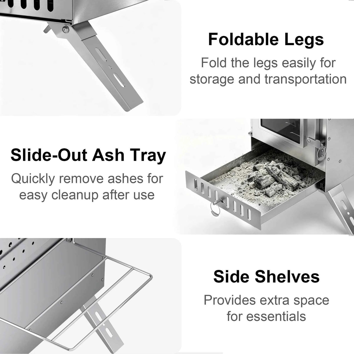 UNHO tent stove, portable wooden stove, large stainless steel tent fireplace, equipped with 6 chimney pipes, suitable for outdoor heating, cooking, hunting, barbecue and ice fishing.