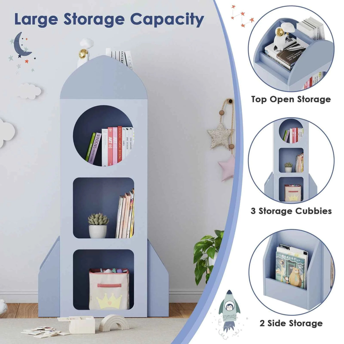 Kids Bookshelf & Toy Storage, 3-Tier Rocket Baby Book Shelf with Side shelves, Wood Open Toddler Bookcase, Spacious Display Organizer